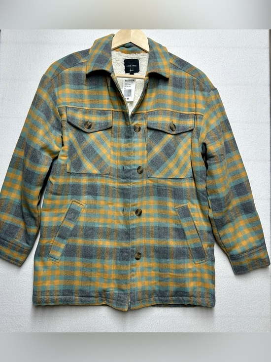 Love Tree Jackets & Blazers - Love Tree NWT Plaid Sherpa Lined Shacket Jacket Oversized Small Green Mustard